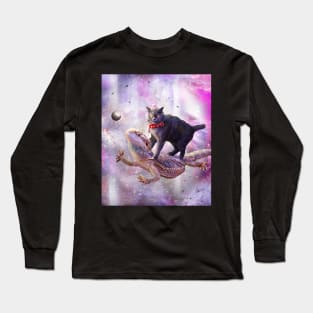 Space Cat Riding Bearded Dragon Lizard Long Sleeve T-Shirt